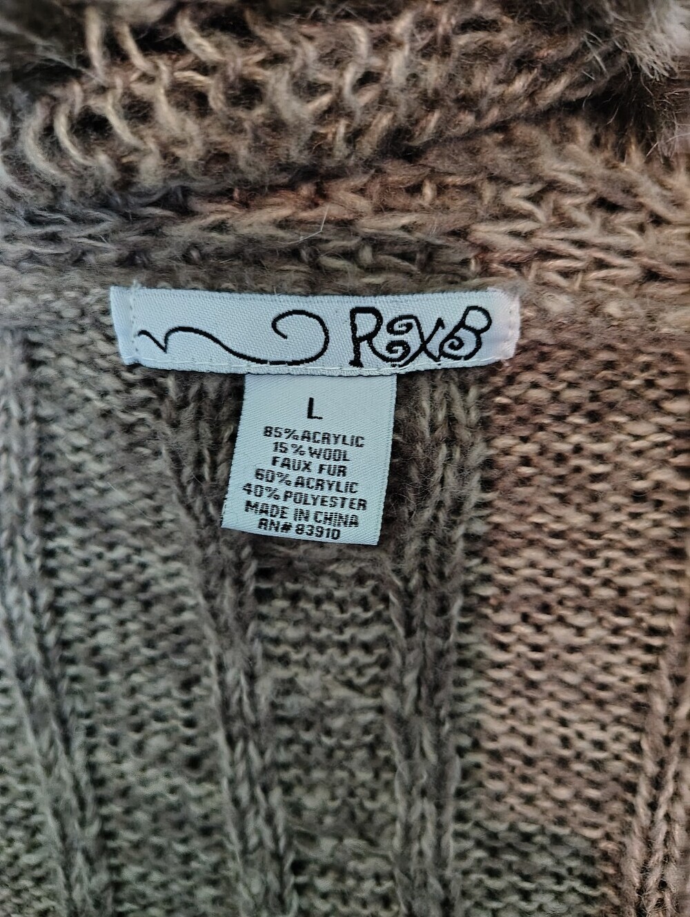RXB Brown Wool Blend Faux-Fur Trim Belted Boho Cardigan Sweater Women Teen Large - Picture 12 of 13